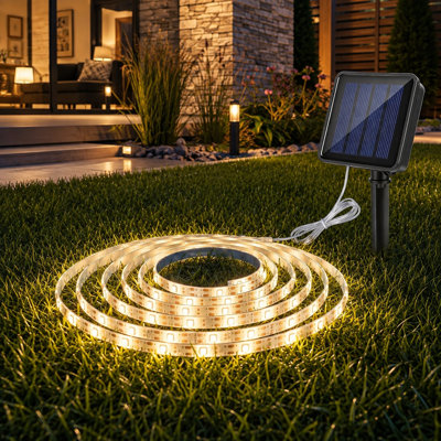 A 9.8FT outdoor solar LED strip in 3000K, intended for stairs, steps, and decks.