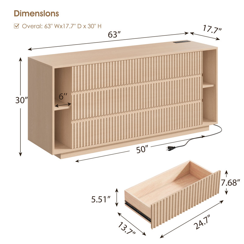 Fluted 6 Drawer Dresser with Shelves, 63'' Wide 17.7'' Depth Large Chest of Drawers for Bedroom, Modern TV Stand, Wood Closet Storage Organizer for Living Room, Natural Oak