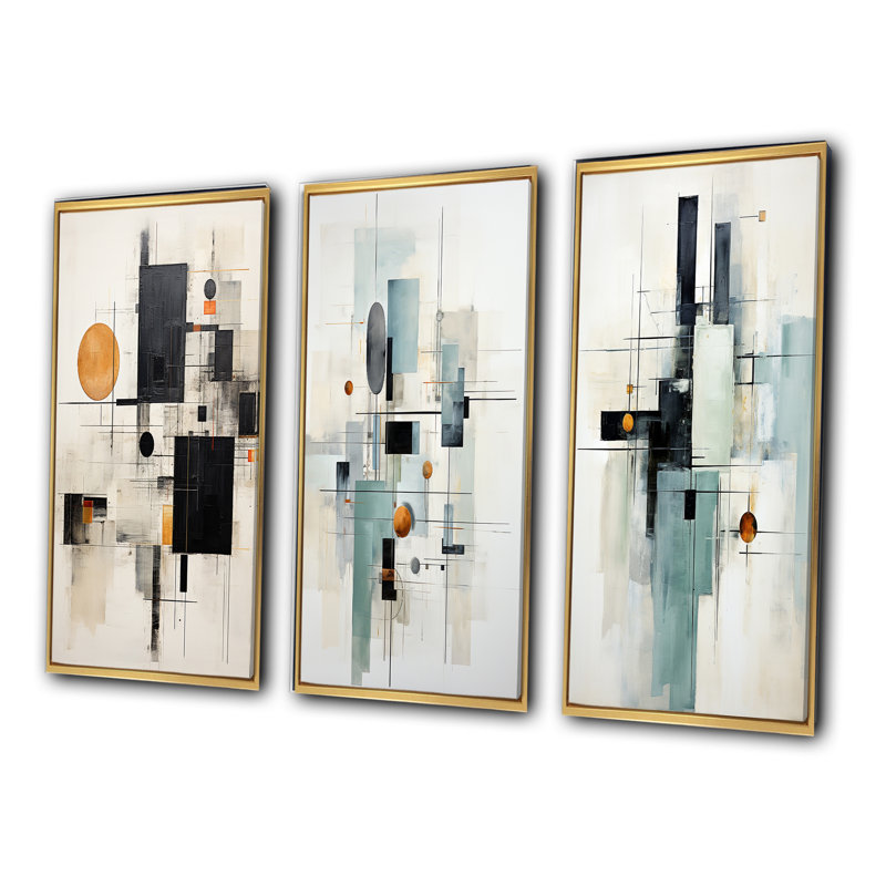 «Yellow Suprematism Geometric Symphony», 3 pièces sur toile, Toile tendue, H 32 po x l 48 po