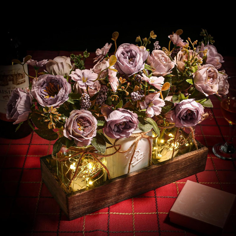 3-piece Purple Mason Jar Centerpiece With Wood Tray And Led Lights