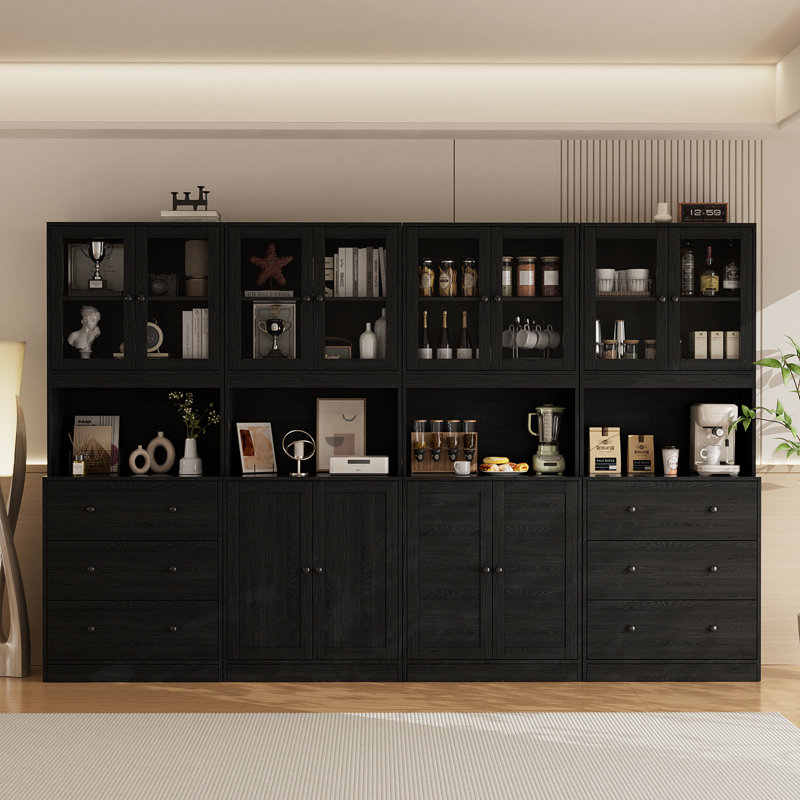 Kitchen Pantry Storage Cabinet With Glass Doors, (94.5"w X 71"h X 17.7"d), Black