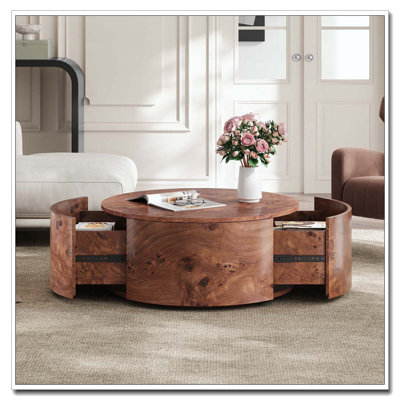 Table basse rotative en bois avec 2 tiroirs, plateau tournant à 360 °