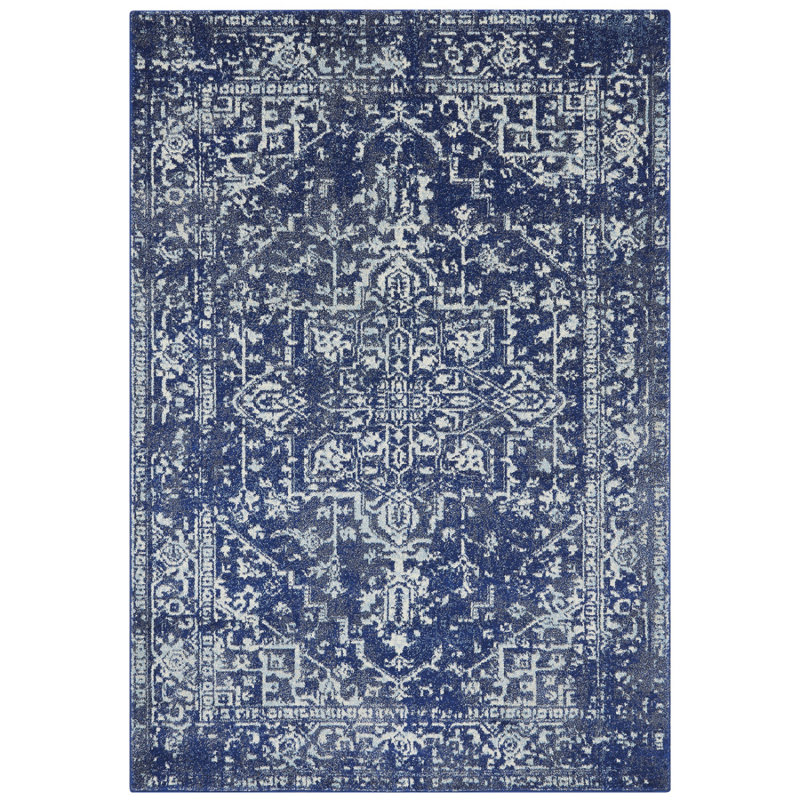 Navy Traditional Easy To Clean Floral Rug For Dining Room, Chenille/Cotton, Rectangle 120 x 170cm