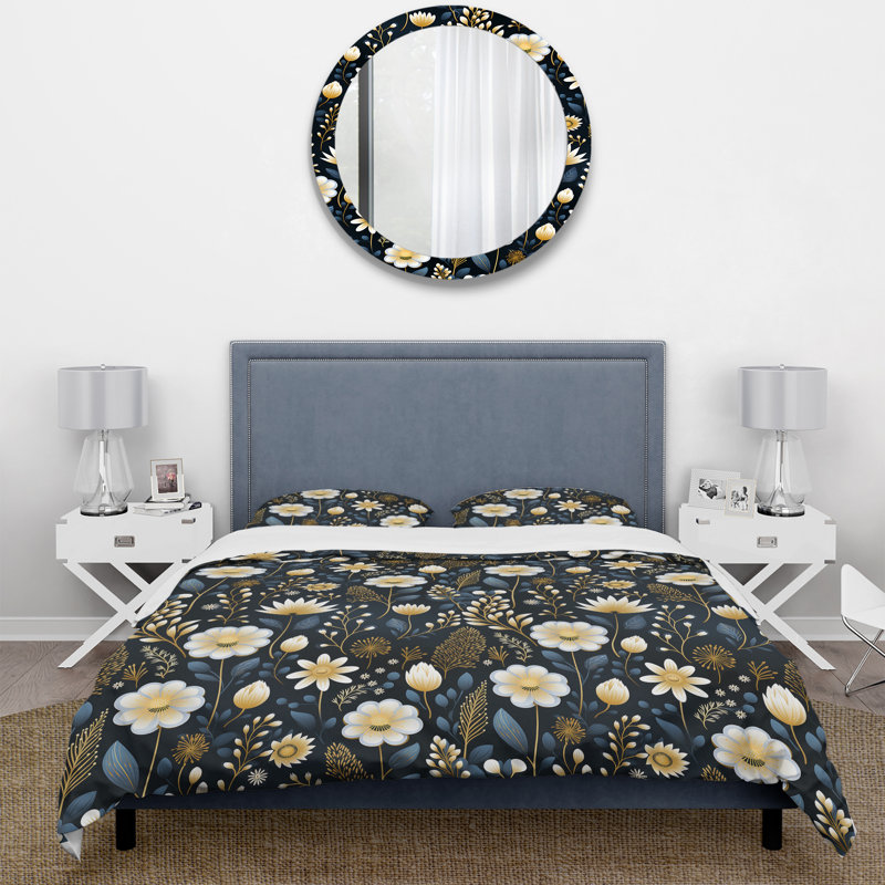 Ensemble de housse de couette Tranquil Black and White Garden Blooms I, Housse de couette simple + 1 taie décorative stan