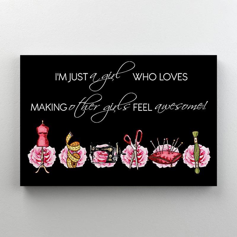 Outils de couture sur des roses - Une fille qui aime faire d'autres filles se sentir impressionnante - 1 pièce, impression d'art graphique rectangulaire sur toile tendue