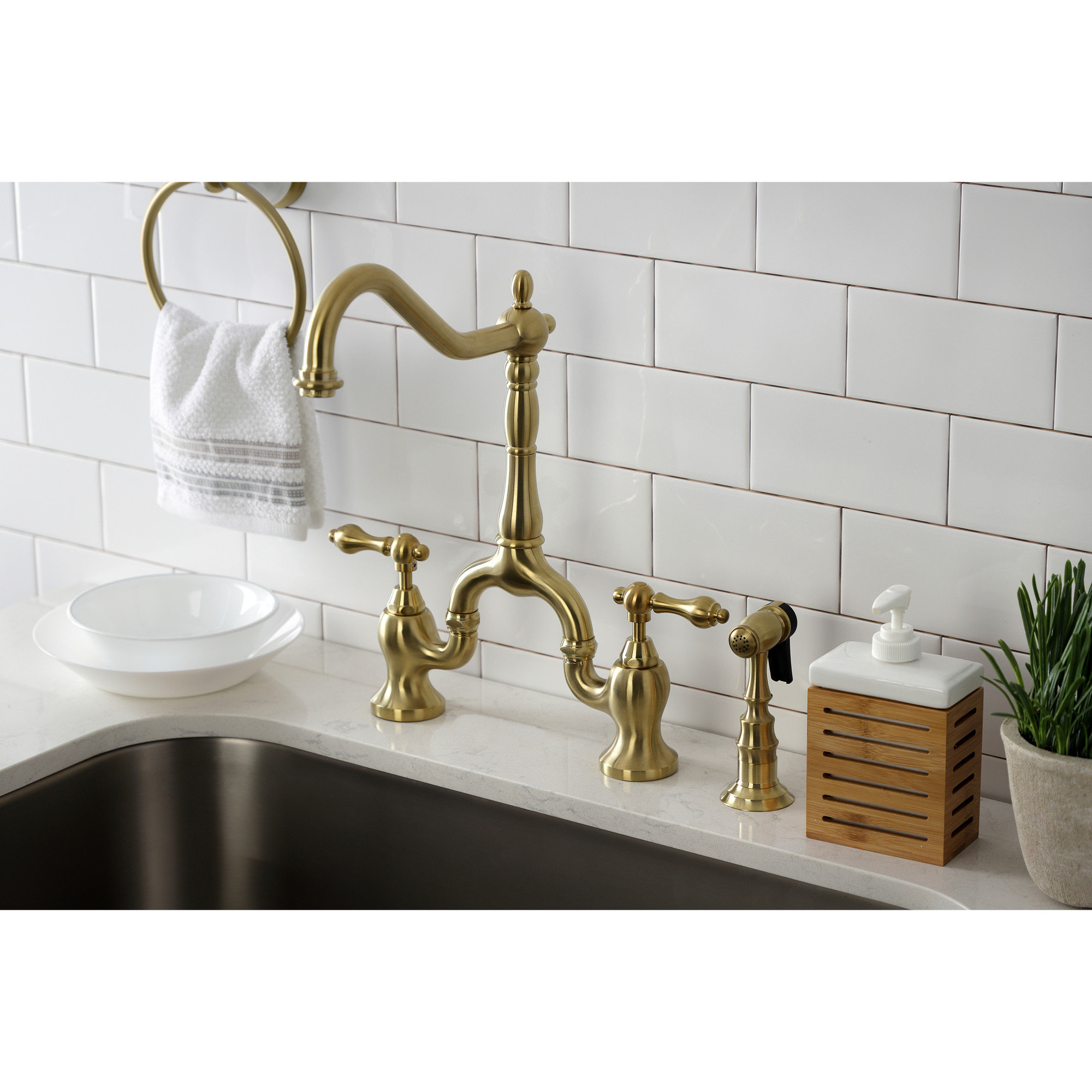 Kingston Brass English Country Two-Handle 3-Hole Deck Mount Bridge Kitchen Faucet with Brass Side Sprayer, Brushed Brass