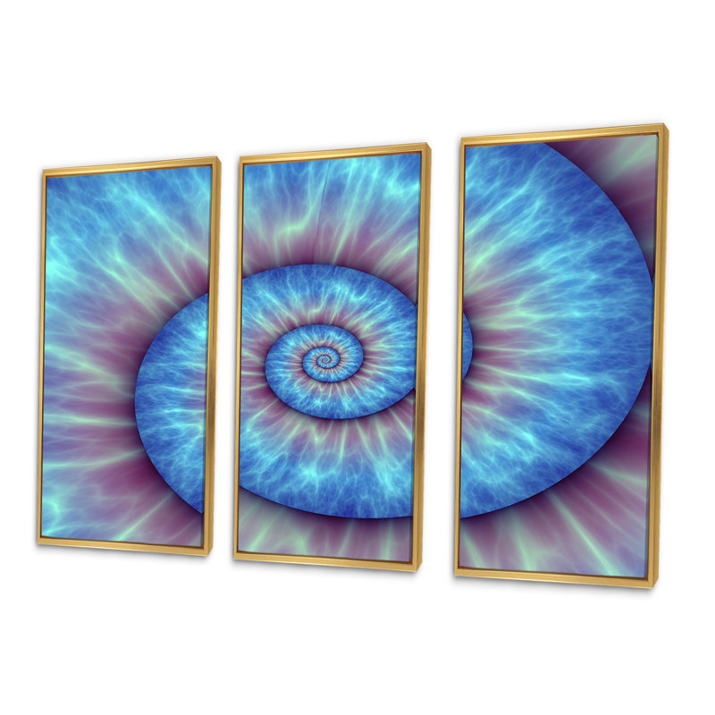 Motif de Fibonacci bleu - 3 pièces, cadre flottant, impression sur toile, H 20 po x l 36 po x P 1 po, Cadre doré
