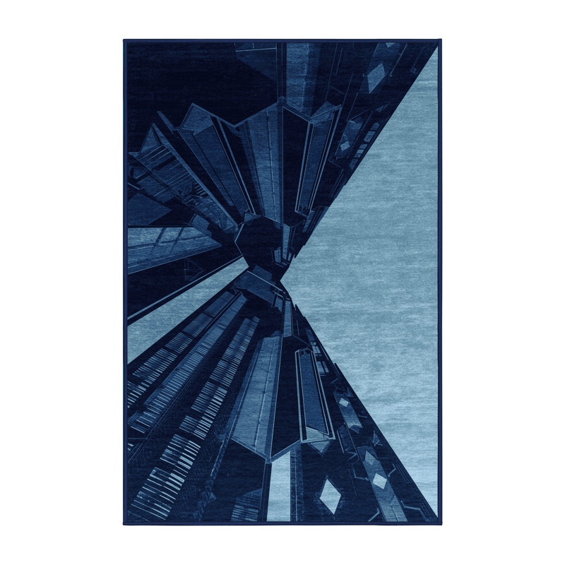 Machine Washable Parez Lagos Skyline Modern & Contemporary Geometric Rug in Blue – Navy Binding, 2x4