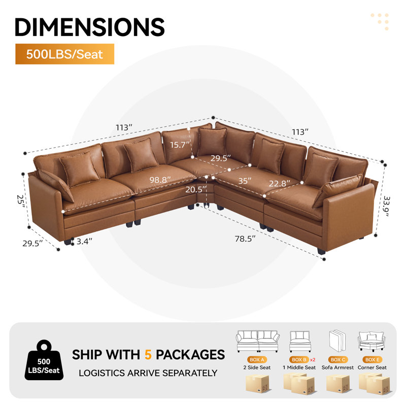 Canapé modulaire rembourré en similicuir, En forme de V, Marron clair