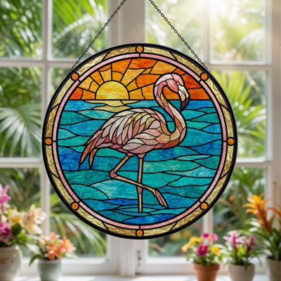 12"H Flamingo Sunset Stained Glass Window Panel