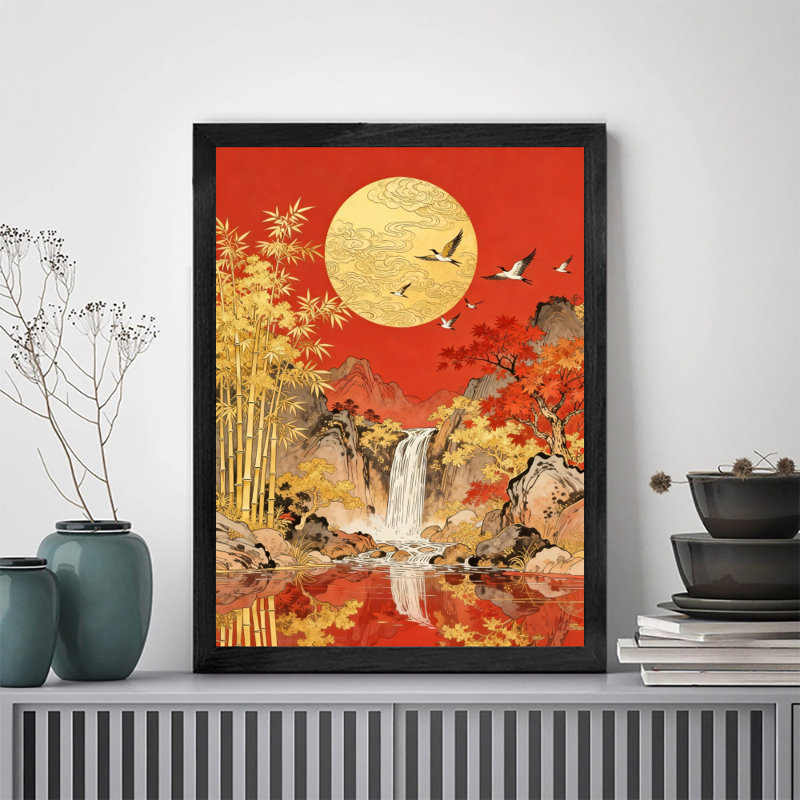 Reproduction d'art encadré noir, paysage chinois rétro, art mural, H 11 po x l 9 po