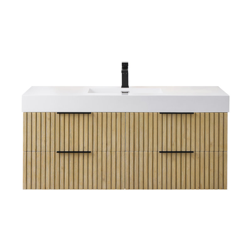 Meuble-lavabo mural simple Livia de 48 po avec lavabo encastré blanc en imitation bois, sans miroir.