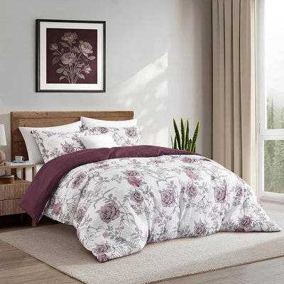 Ruh 3 Piece Rose Floral Microfiber Print Comforter Set