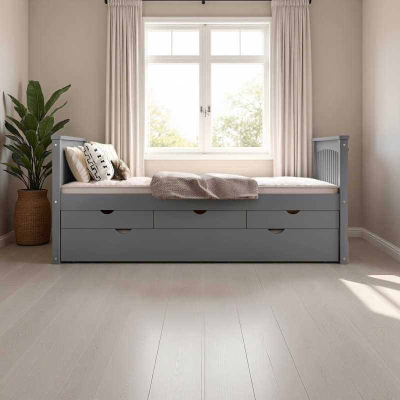 Twin Platform Bed With Drawers And Trundle, Solid Wood Daybed, No Spring Box Needed, Gray