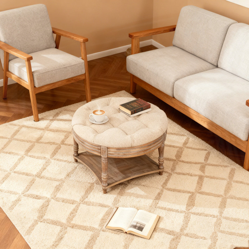 Large Round WaterProof Ottoman Coffee Table, Light Gray Top/Walnut Base