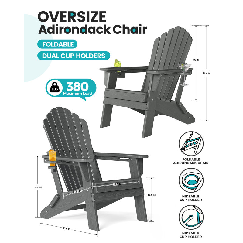 3-Piece Folding Adirondack Chair Set in HDPE with Built-In Cup Holders for Outdoor Use, Gray