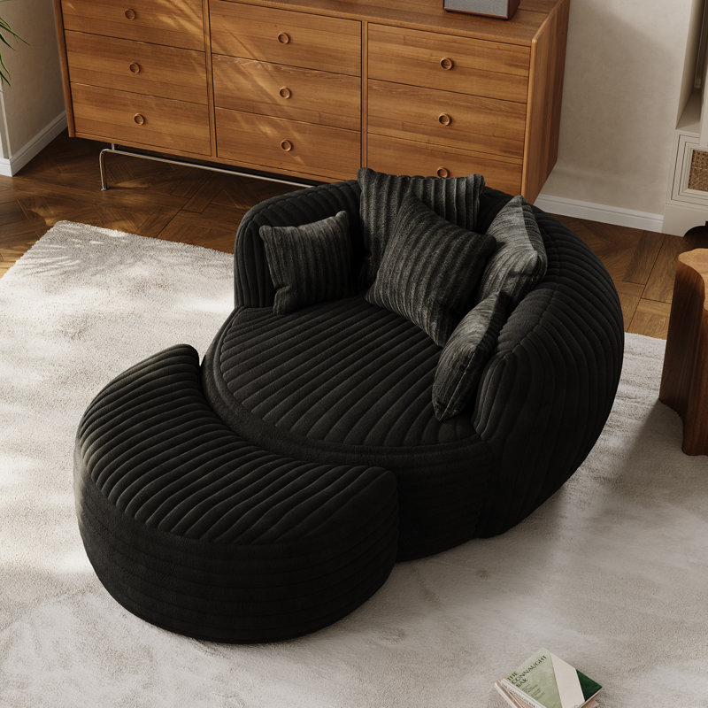 Très grand fauteuil d'appoint rond en velours côtelé de 3 cm avec repose-pieds, Noir
