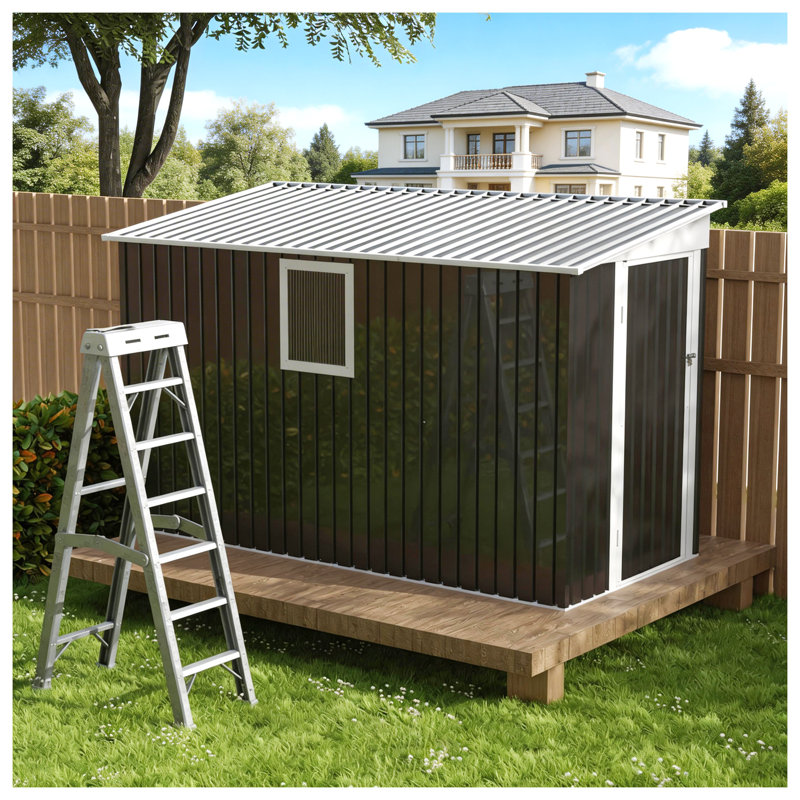 Remise de jardin 4 pi x 9 pi en acier galvanisé avec fenêtre et porte à charnière, gris