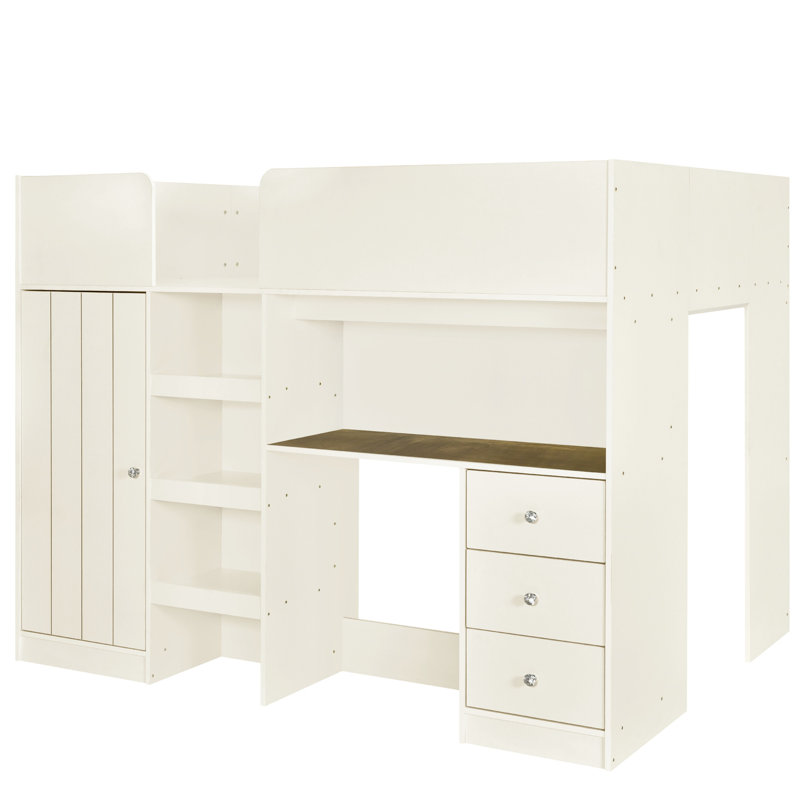 Lit mezzanine en bois avec rangement, bureau et garde-robe beige - Bureau écoénergétique, doux au toucher