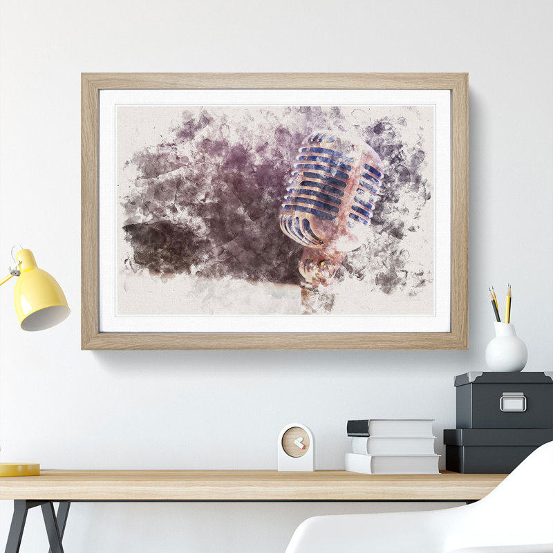 Steel Vocal Microphone - Picture Frame Graphic Art Print, 62cm H x 87cm W x 2cm D, Oak Framed