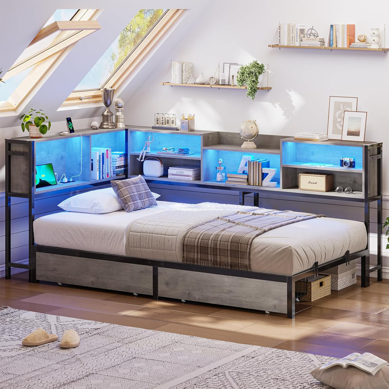 Corner Bed Frame With Storage Bookcase And Led Lights, Daybed With 2 Underneath Storage Drawers And Charging Station For Living Room,bedroom & Guest Room