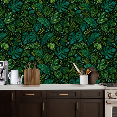 Papier peint adhésif peler et coller en PVC, revêtement mural auto-adhésif amovible avec imprimé de feuilles tropicales bleues vibrantes et vert foncé, imperméable pour la décoration intérieure - Rouleau