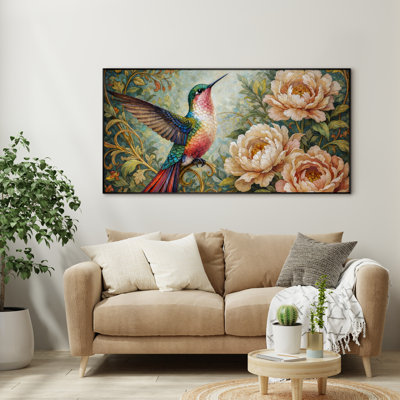 Extra Large Wall Art Fabric Print - Teal Hummingbird Floral Garden Bohemian Living Room Decor - "Frame Assembly Required (Unfinished Frame)"