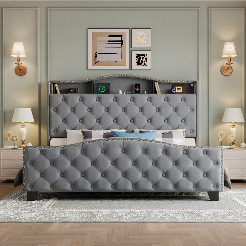 Lit plateforme capitonné capitonné avec lumière, Grand lit, gris
