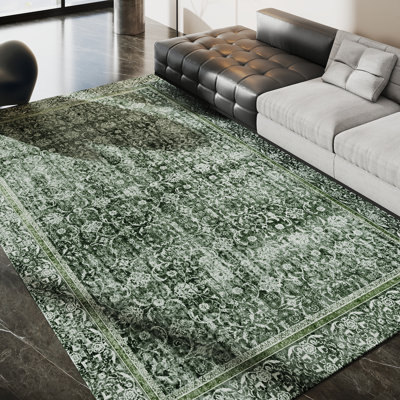 6x9 ft Dark Green Floral Area Rugs for Living Room, Washable Printed Vintage Floral Rug for Living Room, Extra Large Area Rugs for Bedroom Low Pile Non Slip Rug for Home Decor Aesthetic