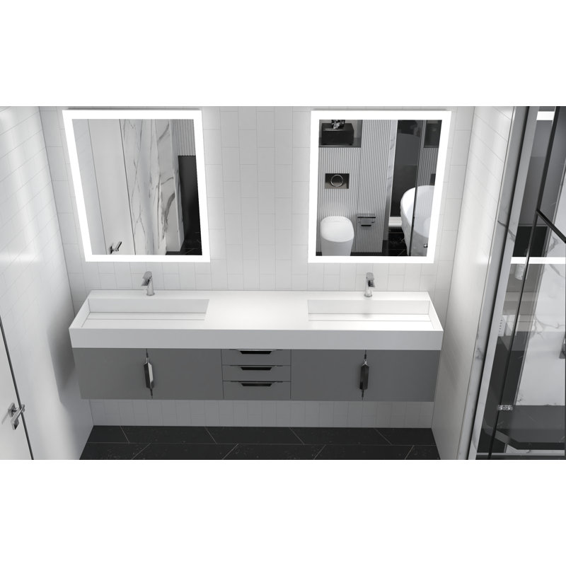 84" Amazon Double Bathroom Vanity with Top, White, Chrome, Gray