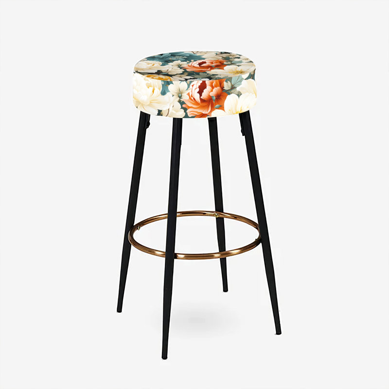 Ensemble de 2 tabourets de bar rétro à motif floral jaune, blanc et bleu