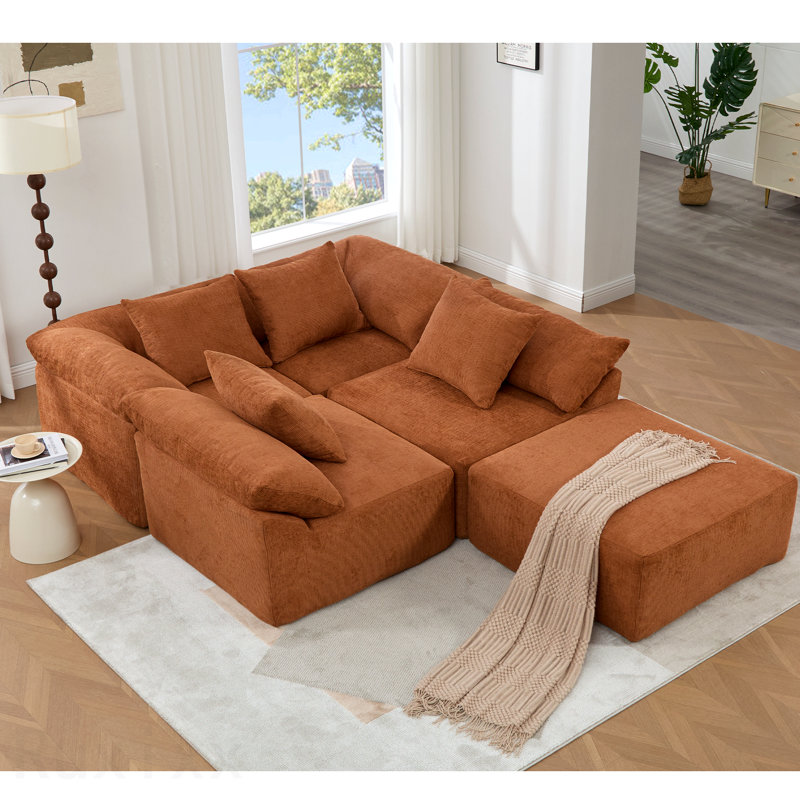 Canapé modulaire en forme de L de 142 po, sans assemblage, canapé 5 pièces, canapé-lit convertible, canapé entièrement compressé, canapé à 5 places et repose-pieds, chenille, orange