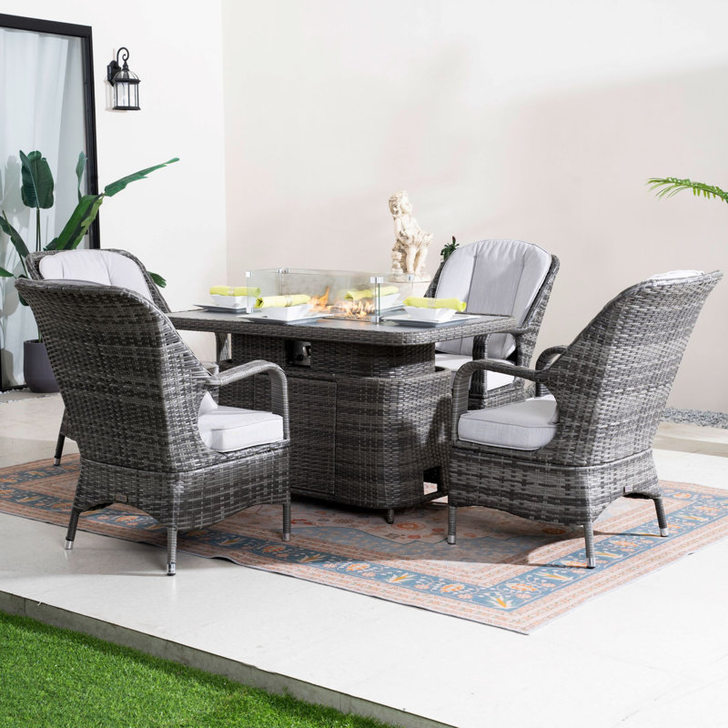 4 - Person Wicker Patio Dining Set with Rectangular Table, Light Grey, Grey