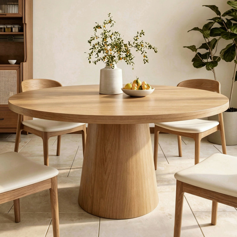 Table de cuisine ronde en bois de chêne massif à piédestal Holguin, 29.52"H x 53.15"L x 53.15"W, Natural Oak