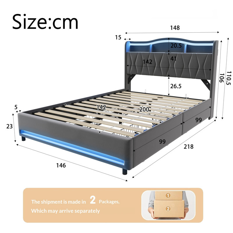 Drawers Bed Frame, European Double (140 x 200 cm), Grey