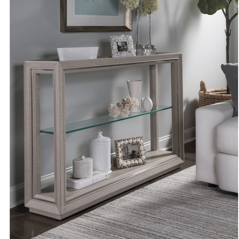 Zeitgeist 54'' Gray Linen & Brushed Steel Console with Glass Shelf