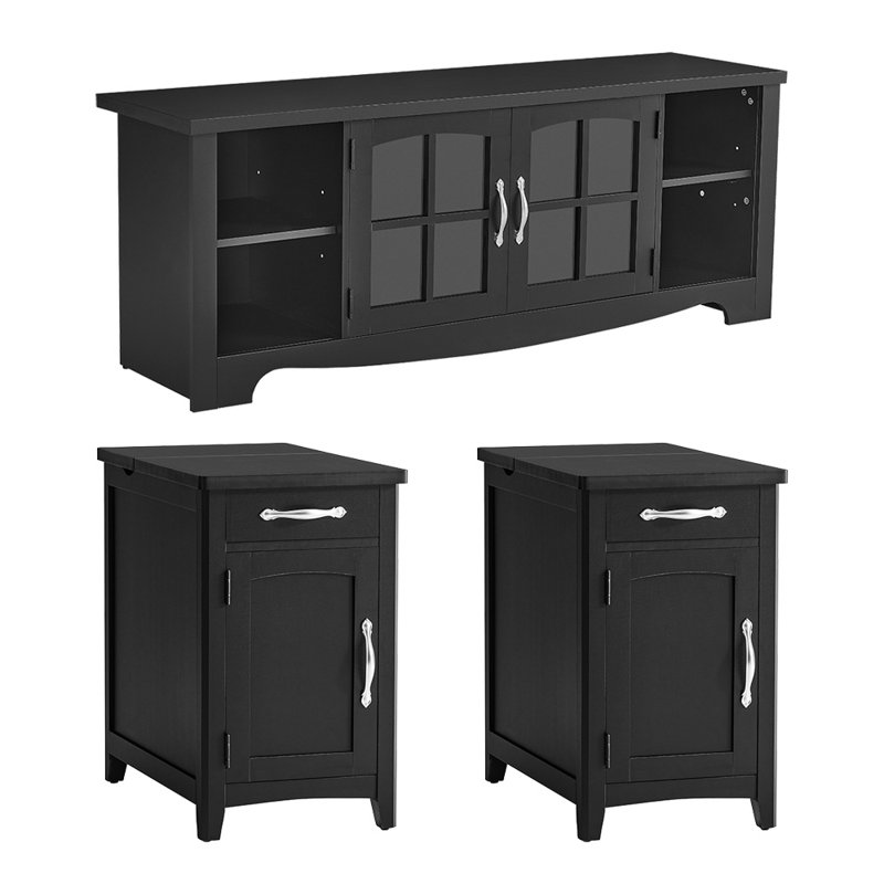 3-Piece Living Room Table Set, 58" TV Stand And 2 End Tables, Black