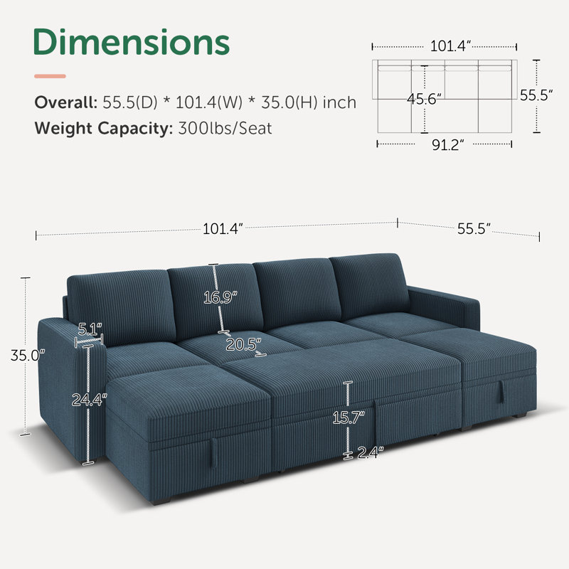Anureet U Shaped Sleeper Pull Out Couch Storage Sectional Sofa