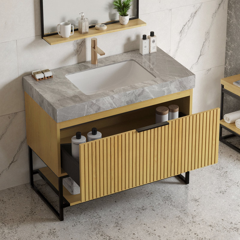 YOLAN Meuble-lavabo de salle de bain autoportant 36 po avec cuve en céramique frittée Corolla, Chêne doré, 36", Gris clair