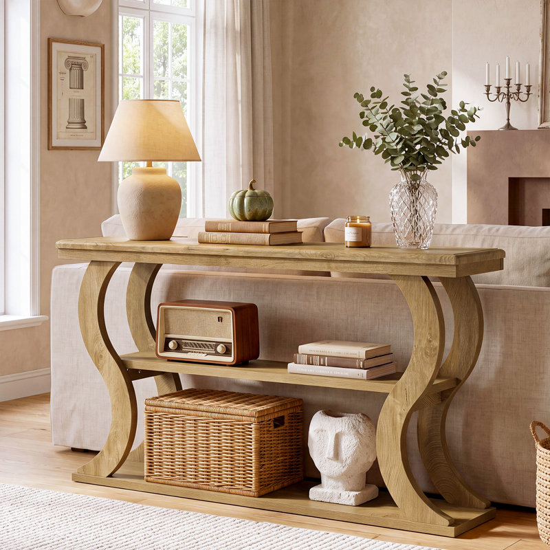 Console de 55 po avec tablettes de rangement, table d'entrée de style campagne moderne, tables de canapé en bois derrière le canapé avec cadre incurvé pour le couloir, entrée