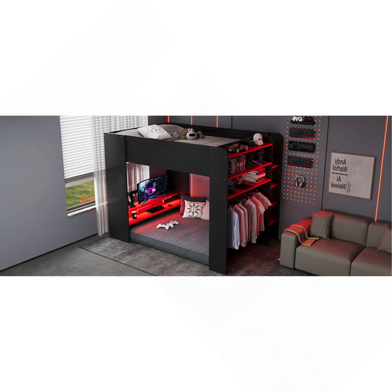 Lit superposé double avec bureau à hauteur réglable, garde-robe, grand espace de rangement et lumières RVB, rouge