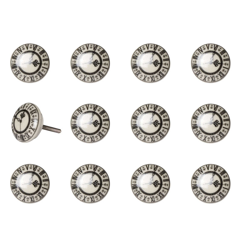 Set of Twelve Black And Gray Clock Face Ceramic Drawer Pull Knobs