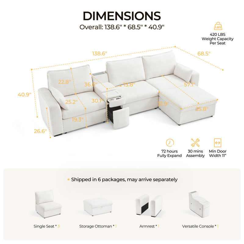 L-Shaped 4-Seater Sectional Chenille Oversized Modular Sofa Cloud Couch with Versatile Console, Convertible Side Table with Charging Storage Cup Holder