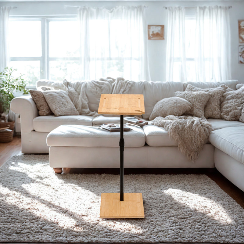 Bamboo Couch Tray Table Height Adjustable C-Shaped End Table with Slots 2 Tier Sofa Side Table for Living Room & Bedroom (Rectangle + Rectangle)