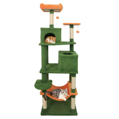 Arbre à chat 70 po pour chat d'intérieur avec perchoir supérieur rembourré, deux condos, hamac, plateforme vert