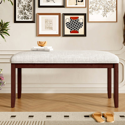 Banc de 38 pouces pour hall d'entrée avec siège rembourré en lin beige et pieds en bois d'hévéa massif pour le salon, la chambre à coucher, la salle à manger et la salle à manger