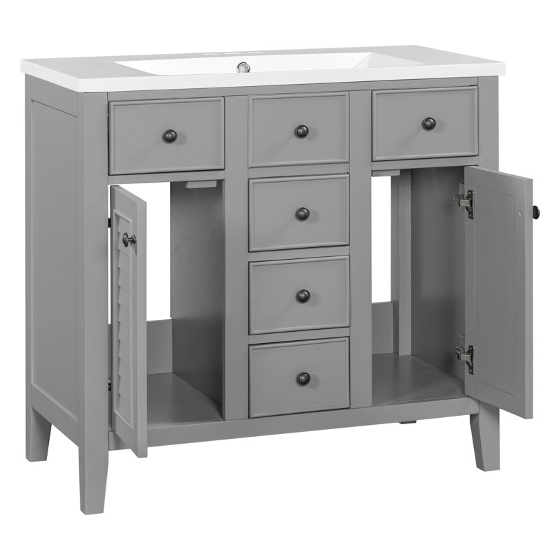 Meuble-lavabo 36 po avec lavabo en céramique, deux armoires et cinq tiroirs, structure en bois massif