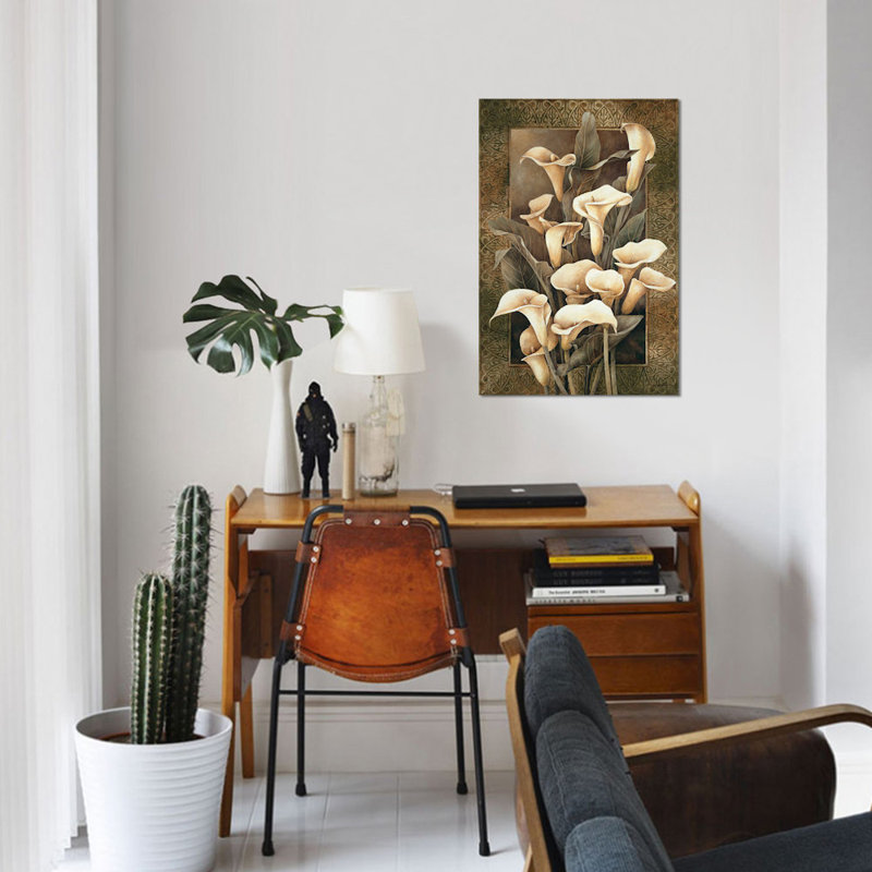 « golden calla lilies », impression sur toile, H 40 po x l 26 po x P 1,5 po, Toile tendue, Pas de tapis
