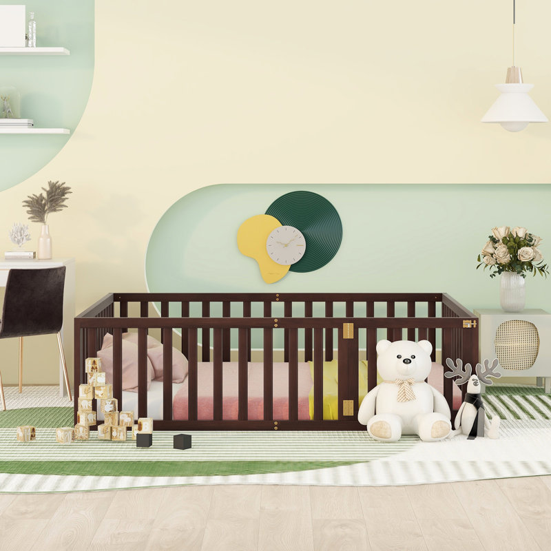 Full Size Wood Daybed with Fence & Small Door – Solid Pine Kids Floor Bed Frame, Walnut, Full, Brown