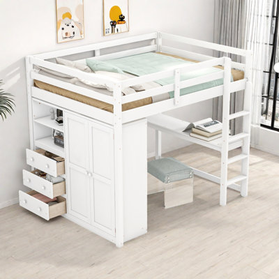 Full Size Loft Bed With Built-In Wardrobe, Desk & Storage – 3 Drawers, Shelves, No Box Spring Needed